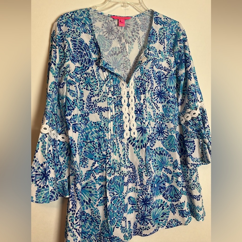 Lilly Pulitzer Hollie Tunic Turquoise Oasis Shell Me You Love Me Size Medium - Picture 15 of 16
